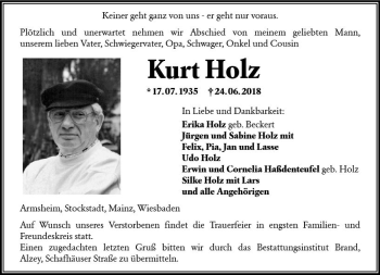 Traueranzeige von Kurt Holz von Trauerportal Rhein Main Presse