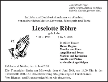 Traueranzeige von Lieselotte Röhre von  Kreisanzeiger
