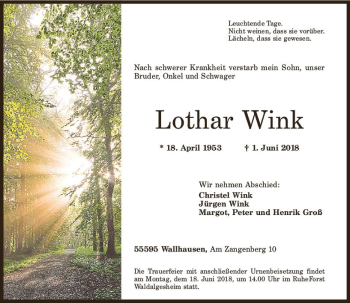 Traueranzeige von Lothar Wink von Trauerportal Rhein Main Presse