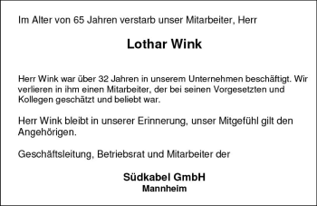 Traueranzeige von Lothar Wink von Trauerportal Rhein Main Presse