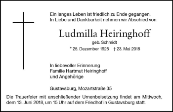 Traueranzeige von Ludmilla Heiringhoff von Trauerportal Rhein Main Presse
