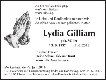 Traueranzeige von Lydia Gilliam von  Kreisanzeiger
