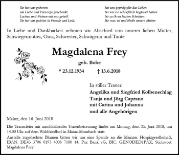 Traueranzeige von Magdalena Frey von Trauerportal Rhein Main Presse