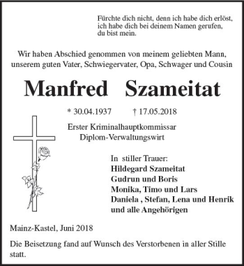 Traueranzeige von Manfred Szameitat von Trauerportal Rhein Main Presse