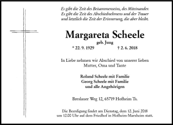 Traueranzeige von Margareta Scheele von Trauerportal Rhein Main Presse