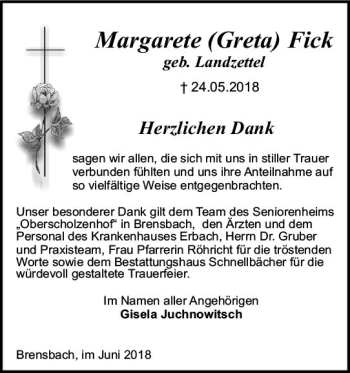 Traueranzeige von Margarete Fick von Trauerportal Rhein Main Presse
