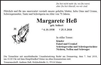 Traueranzeige von Margarete Heß von Trauerportal Rhein Main Presse