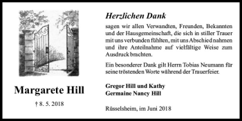 Traueranzeige von Margarete Hill von Trauerportal Rhein Main Presse