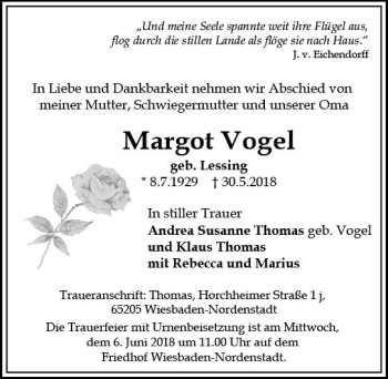 Traueranzeige von Margot Vogel von Trauerportal Rhein Main Presse