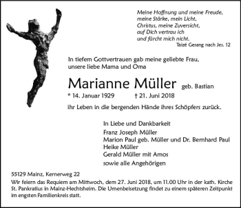 Traueranzeige von Marianne Müller von Trauerportal Rhein Main Presse