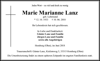 Traueranzeige von Marie Marianne Lanz von VRM Trauer