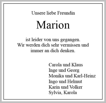 Traueranzeige von Marion Möcks von Trauerportal Rhein Main Presse