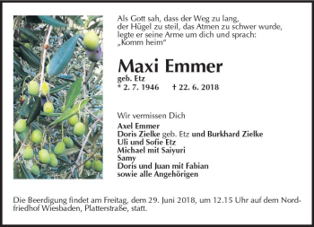 Traueranzeige von Maxi Emmer von Trauerportal Rhein Main Presse