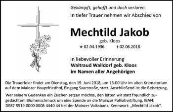 Traueranzeige von Mechtild Jakob von Trauerportal Rhein Main Presse