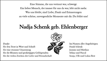 Traueranzeige von Nadja Schenk von Trauerportal Rhein Main Presse
