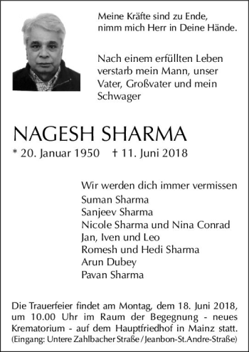 Traueranzeige von Nagesh Sharma von Trauerportal Rhein Main Presse
