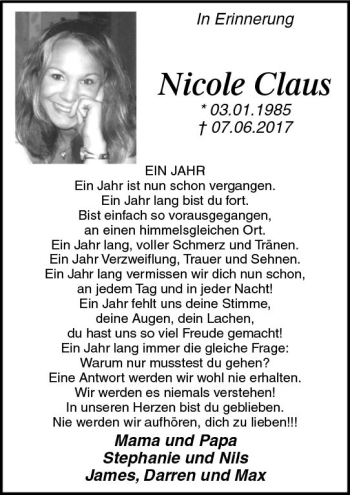 Traueranzeige von Nicole Claus von  Gießener Anzeiger