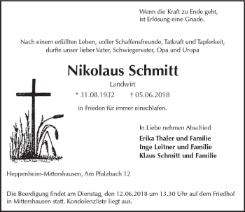 Traueranzeige von Nikolaus Schmitt von Trauerportal Rhein Main Presse