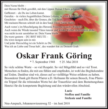 Traueranzeige von Oskar Frank Göring von  Usinger Anzeiger