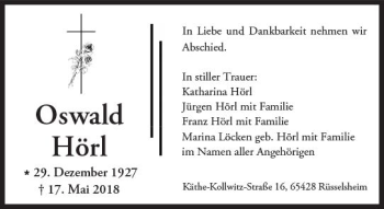Traueranzeige von Oswald Hörl von Trauerportal Rhein Main Presse