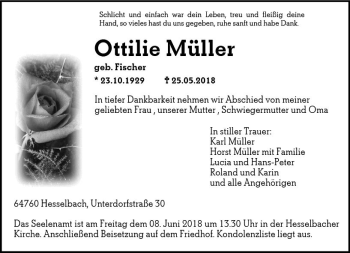 Traueranzeige von Ottilie Müller von Trauerportal Rhein Main Presse