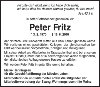 Traueranzeige von Peter Fritz von Trauerportal Rhein Main Presse