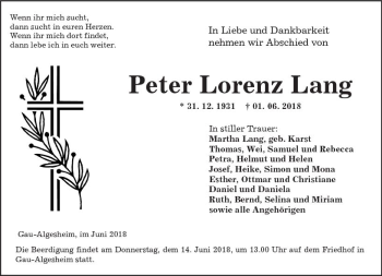Traueranzeige von Peter Lorenz Lang von Trauerportal Rhein Main Presse
