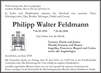 Traueranzeige von Philipp Walter Feldmann von Trauerportal Rhein Main Presse