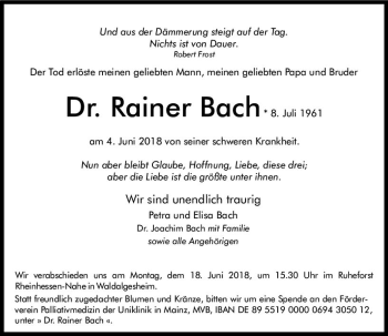 Traueranzeige von Rainer Bach von Trauerportal Rhein Main Presse