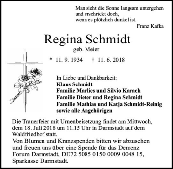Traueranzeige von Regina Schmidt von Trauerportal Rhein Main Presse