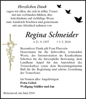 Traueranzeige von Regina Schneider von  Kreisanzeiger