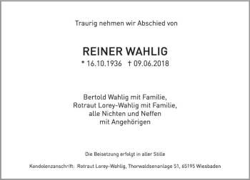 Traueranzeige von Reiner Wahlig von Trauerportal Rhein Main Presse