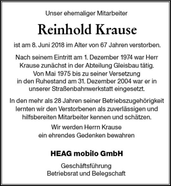 Traueranzeige von Reinhold Krause von Trauerportal Rhein Main Presse