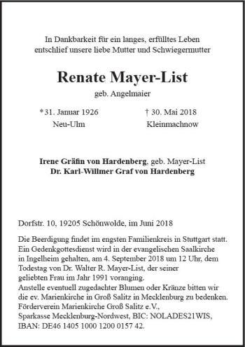 Traueranzeige von Renate Mayer-List von Trauerportal Rhein Main Presse