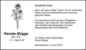 Traueranzeige von Renate Mügge von Trauerportal Rhein Main Presse
