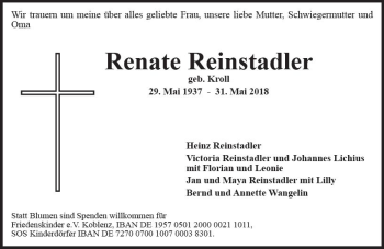 Traueranzeige von Renate Reinstadler von Trauerportal Rhein Main Presse