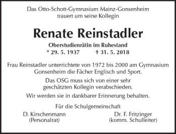 Traueranzeige von Renate Reinstadler von Trauerportal Rhein Main Presse