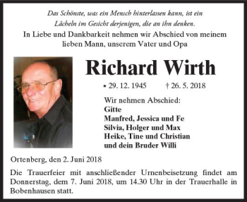 Traueranzeige von Richard Wirth von  Kreisanzeiger