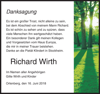 Traueranzeige von Richard Wirth von  Kreisanzeiger