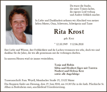 Traueranzeige von Rita Krost von Trauerportal Rhein Main Presse