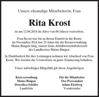 Traueranzeige von Rita Krost von Trauerportal Rhein Main Presse