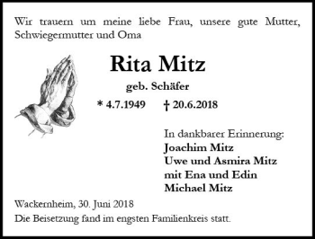 Traueranzeige von Rita Mitz von Trauerportal Rhein Main Presse