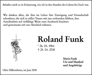 Traueranzeige von Roland Funk von Trauerportal Rhein Main Presse