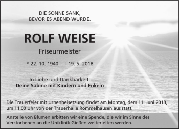 Traueranzeige von Rolf Weise von  Kreisanzeiger