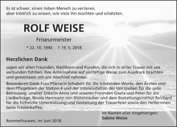 Traueranzeige von Rolf Weise von  Kreisanzeiger