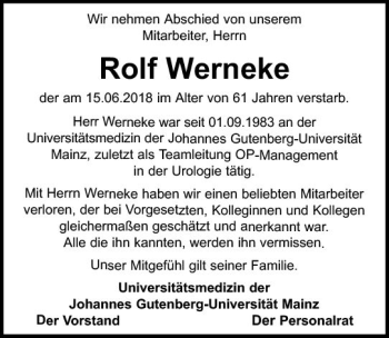 Traueranzeige von Rolf Werneke von Trauerportal Rhein Main Presse