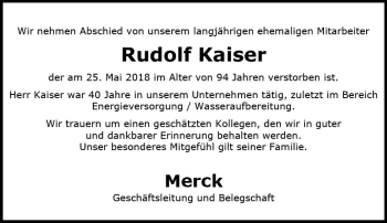 Traueranzeige von Rudolf Kaiser von Trauerportal Rhein Main Presse