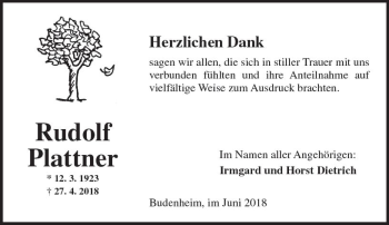 Traueranzeige von Rudolf Plattner von Trauerportal Rhein Main Presse