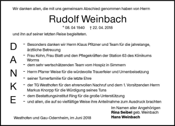 Traueranzeige von Rudolf Weinbach von Trauerportal Rhein Main Presse