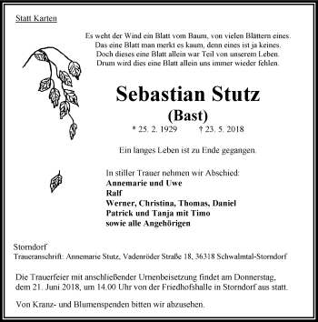 Traueranzeige von Sebastian Stutz von VRM Trauer